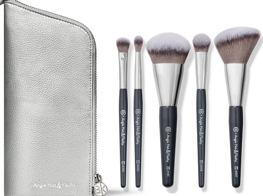 BK BEAUTY BRUSHES - ANGIE HOT & FLASHY Travel Brush Set with Pouch - Foundation Makeup Brushes - Brush for Liquid or Cream Foundations - Under-Eye Concealer | Bronzer Blush & Highlighter Makeup Brush