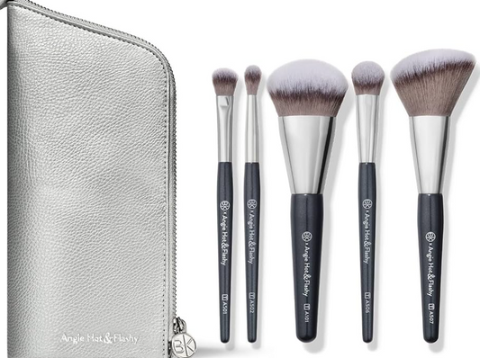 BK BEAUTY BRUSHES - ANGIE HOT & FLASHY Travel Brush Set with Pouch - Foundation Makeup Brushes - Brush for Liquid or Cream Foundations - Under-Eye Concealer | Bronzer Blush & Highlighter Makeup Brush